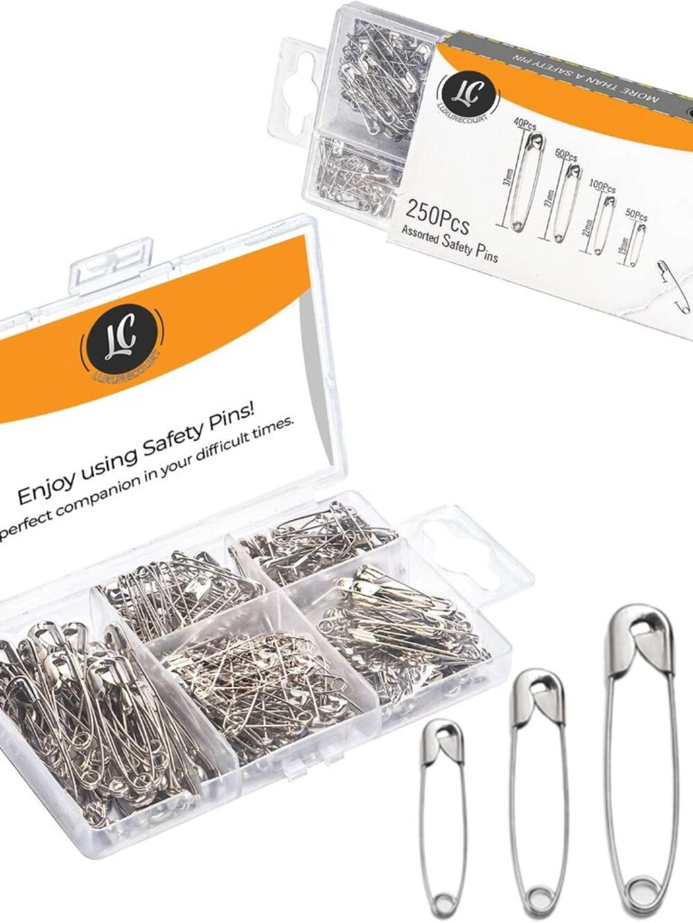 250 Pack Safety Pins by , 4 Assorted Sizes of Durable, Silver Small and Large Sa
